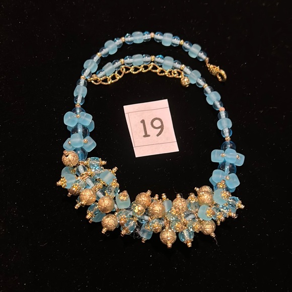 #19 Vintage Blue & Gold Choker Necklace Assorted Beads w Gold Accent - Picture 7 of 8
